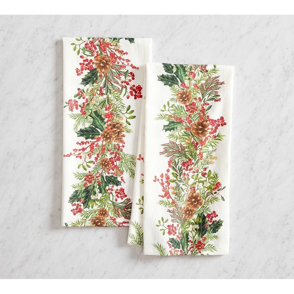 New Pottery Barn Holly Berry Tea Towels - Set of 2, Christmas, Winter, Holiday - Picture 1 of 15